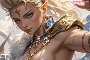 A woman with long blonde hair and blue eyes is posing naked.