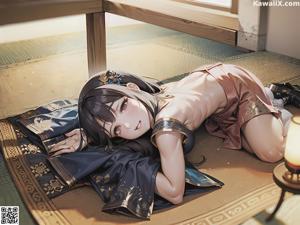 A woman in a kimono sitting on a bed next to a lamp.