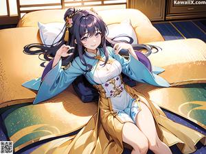A woman sitting on top of a bed next to a window.