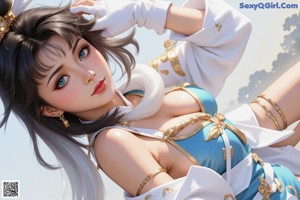 A woman in a blue and white outfit with a cat ears.