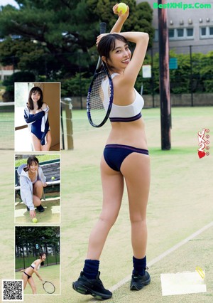 A woman in a white top and black panties on a tennis court.