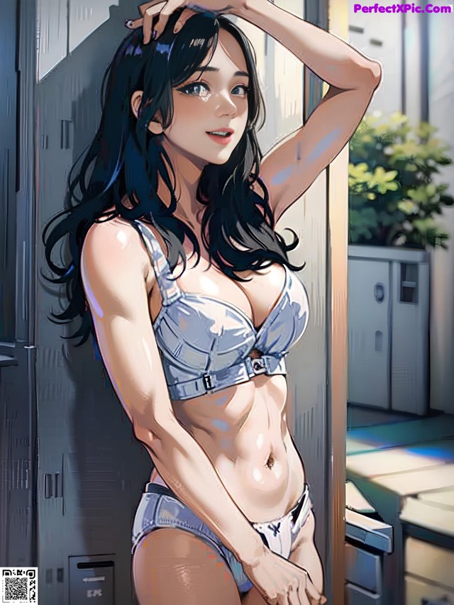 A woman in a bikini standing in front of lockers.